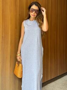 Women's Long Dress With Scoop Neck And Side Slit Elegant Fashion - 灰色 - 查看 6