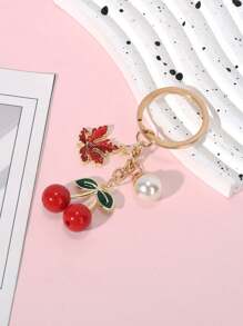 1 Pc Unisex Oil Drop Resin Red Cherry, Faux Pearl, Maple Leaf Alloy Keychain, Elegant Fashion Cute Ins Style, Ladies Fashion Keychain, Beautiful Girl Keychain, Cute Keychain, Funny Keychain, Men's Keychain, Men's Accessories, Women's Accessories School Pearl