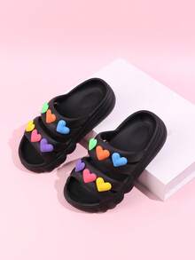 Girls' Heart Shaped Slippers, Summer New Kids Outdoor Beach Sandals, Little Girls Flip Flops - Black - View 3