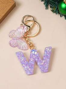 1 Creative Keychain With Alphabet Stone Drops Glue Resin Accessories Butterfly Fringe Alphabet Pendant Keychain Girl
