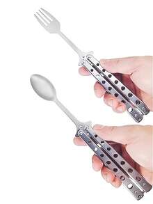 1pc Stainless Steel Balisong () Outdoor Portable Folding Butterfly Practice Fork & Spoon Butterfly Trainer Knife,School Supplies - Multicolor - View 2