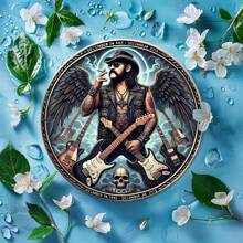 1 Pc 8" X 8" 2D Flat Lemmy Kilmister Band Wall Art Metal Sign - Round Metal Decor With Winged Guitar Player & Skull Design, Durable, Wind-Proof, Water-Resistant, Suitable For Home, Office, Bar, Cafe, Indoor/Outdoor Use, Great For Room Decoration, Random Hole Style