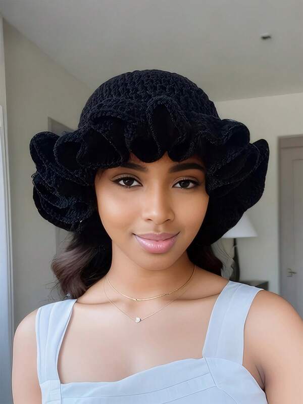 1pc Women Handmade Crochet Ruffle Brim Knit Cap, Stylish Ruffled Knitted Hat For Autumn/Winter