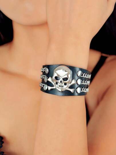 1pc Solid Color PU Leather Skeleton Head Chain Bracelet - Quality Leather Construction, Hardcore Streetwear Style, Lightweight Punk Accessory