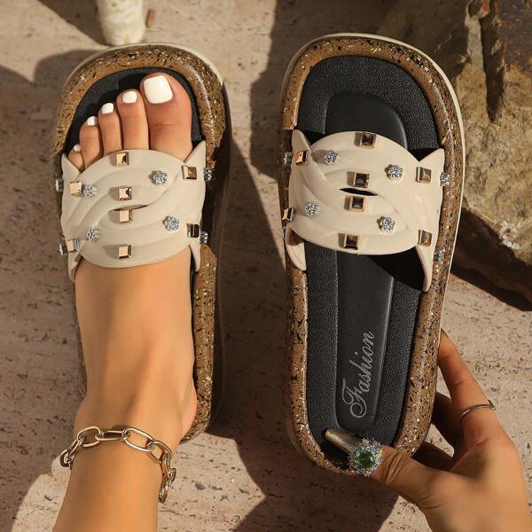 Fashion Bohemian Rivet Embellished Casual Sandals, Women's Slip-On Open Toe Flat Slippers For Summer Outdoor/Beach, Black & Apricot Color