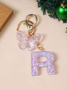 1 Creative Keychain With Alphabet Stone Drops Glue Resin Accessories Butterfly Fringe Alphabet Pendant Keychain Girl