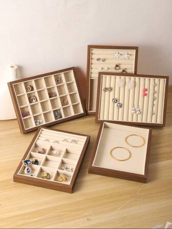 珠宝展示托盘，天鹅绒耳环、戒指、项链和手镯收纳盒，胡桃木抽屉式收纳架，适用于梳妆台