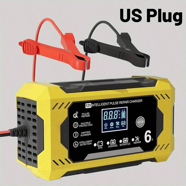 Cargador de batería inteligente para coche de 12 V y 6 A: reparación rápida por pulsos, pantalla LCD, compatible con baterías de ciclo profundo AGM, GEL y plomo-ácido. Cargador de batería para coche y moto con múltiples protecciones.