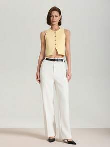 奶油黄色圆领前扣无袖针织短款背心