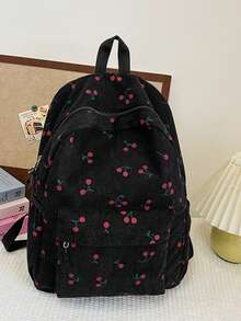 1pc Black Corduroy Casual Fresh Style Cherry Blossom Print Large Capacity Foldable Lightweight Multi-Pocket Zipper Backpack, Suitable For Teenagers, Middle/High School/College Students, Graduates, Daily School/Work/Shopping/Travel/Gift For Spring, Back To School - Black - View 1