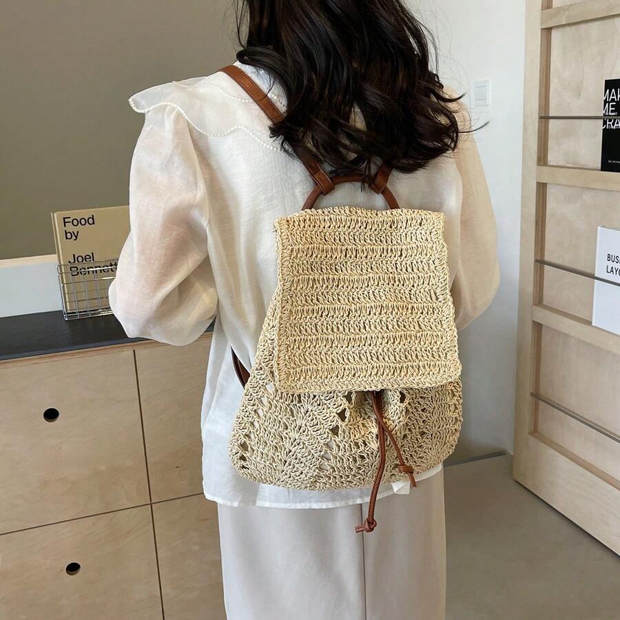 New Hollow Out Straw Backpack, Fashionable Flip Cover Vacation Camping Backpack, Spring/Summer - Beige - View 1