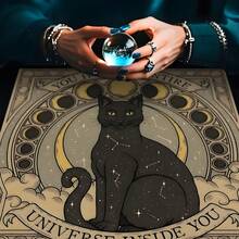 1 pezzo Telo per tarocchi a tema gatto nero - Telo in poliestere per tarocchi, guarigione cristallina, stregoneria, astrologia, carte divinatorie, giochi da tavolo e forniture per feste, tappetino per lettura delle carte, tovaglia da tavolo per feste | Tema mistico | Tovaglia durevole, decorazione - MHLR009 - Visualizzare 8