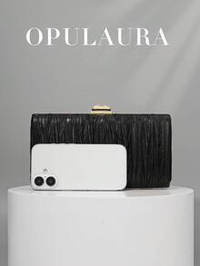 OpulAura 1 件秋冬复古奢华手拿包，金色皮革褶皱设计时尚派对手拿包，高端正式盒式钱包，适合派对/婚礼/正式场合晚宴，带链条 - 黑色 - 查看 4
