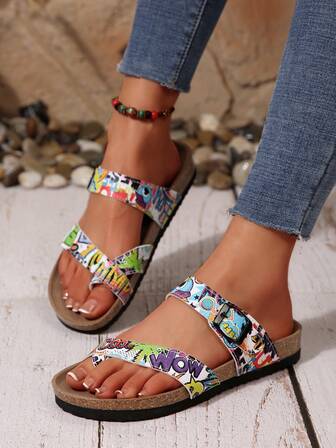 Comod și versatil Vacanță la plajă de vară Casual Boemia Graffiti Slip On Sandale din lemn moale