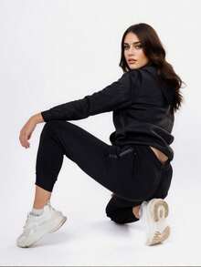 Conjunto Deportivo 2 Piezas Para Mujer Sudadera Con Capucha Cremallera Y Pantalones Con Bolsillos Estilo Casual Cómodo - Negro - Ver 2