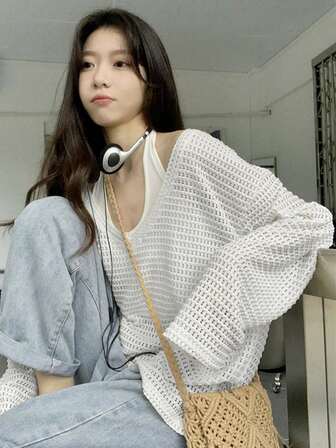 女士宽松纯色镂空落肩长袖T恤，夏季