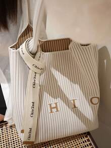 2pcs Striped Pattern Tote Bag And A Small Clutch With Chain, Casual Shoulder Bag, Adjustable Strap, Perfect For Daily Use Or Gift - Beige - View 6