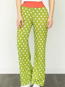 Boho Retro 90's Style Stripe Floral Drawstring Fold Over Band Wide Leg Lounge Pants - Sage Dot - View 1