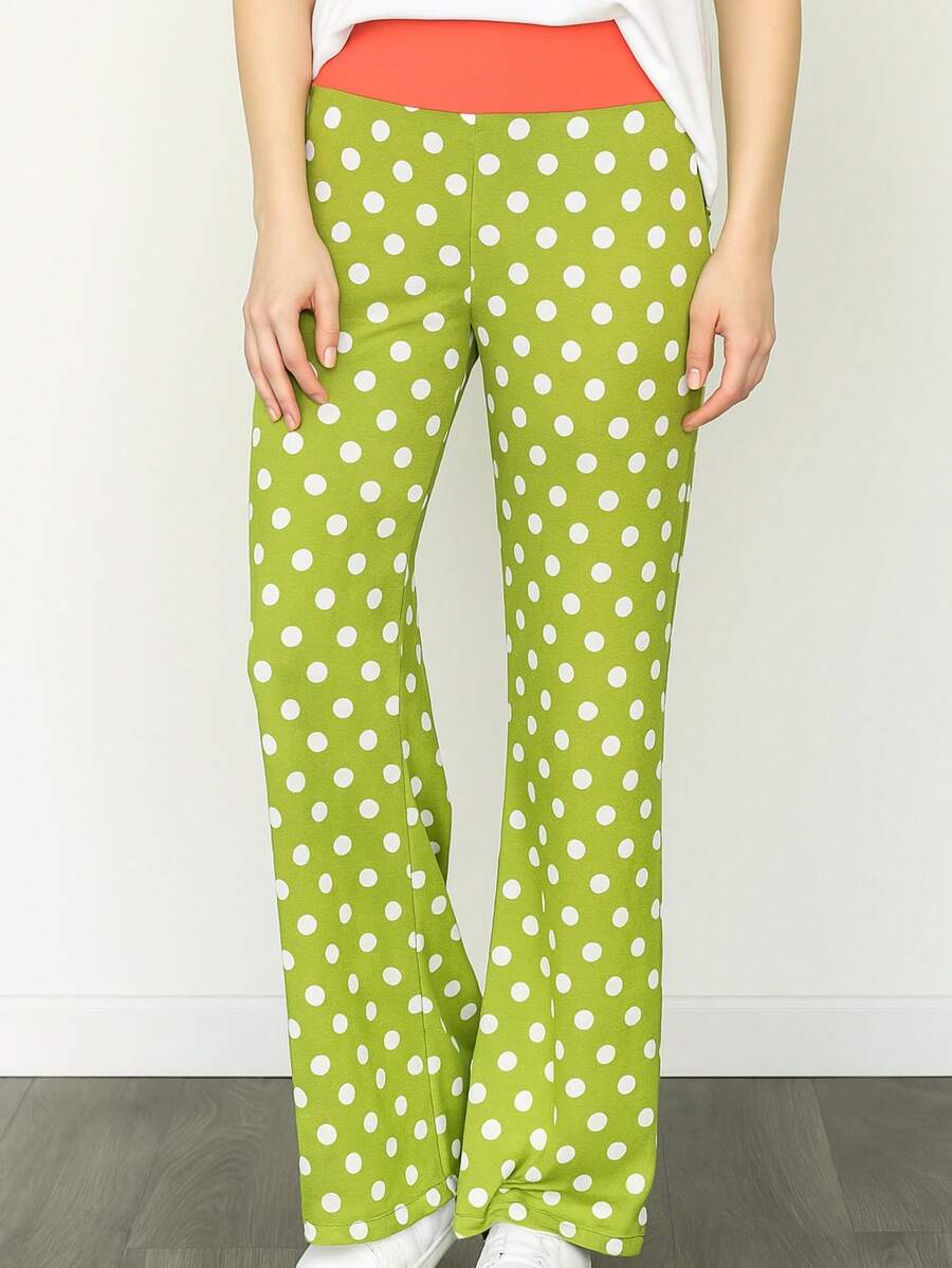 Boho Retro 90's Style Stripe Floral Drawstring Fold Over Band Wide Leg Lounge Pants - Sage Dot - View 1