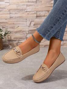 女士白色平底鞋，带蝴蝶结扣链装饰，工作休闲低帮乐福鞋 - 卡其色 - 查看 5