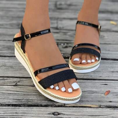 New Summer Round-Toe Thick Bottom Wedge Sandals, Gold, Silver, Black Shiny Double Strap Comfort Casual Women Sandals. Waterproof Platform Thick Sole Mid-Heel Dual-Color Soft Bottom Beach Shoes. Fashionable Versatile Party, Outing, Commute, Outdoor Lightweight Bohemian Sandals
