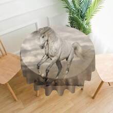 1pc Horse Pattern Printed Tablecloth, Modern Polyester Rectangular/Round Waterproof Tablecloth, Digital Printing Suitable For Living Room, Outdoor Dining Table, Small Round Table