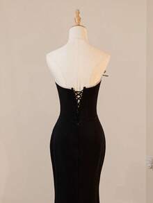 Vestido de dama de honor ajustado y acampanado con abertura lateral y decoración de moño con diamantes de imitación, elegante, formal, vestido de fiesta, vestido, para eventos, invitado de boda - Negro - Ver 7