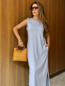 Women's Long Dress With Scoop Neck And Side Slit Elegant Fashion - 灰色 - 查看 5