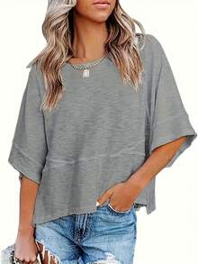 Plus Women's Spring/Summer Round Neck T-Shirt Top - Grey - View 3
