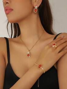 Neues koreanisches elegantes Schmuckset mit tränenförmigen Strass: Halskette, Ohrringe und Ring; luxuriöses minimalistisches Halsketten-Set mit Diamanten, stilvoller und modischer Büro-Lady/Braut Accessoire