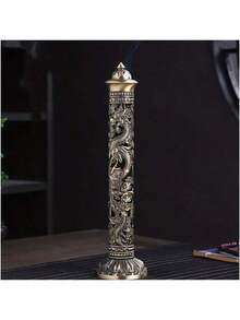 Retro Vertical Incense Burner Dragon Phoenix Pillar Metal Incense Stick Home Office Ceremony Decoration