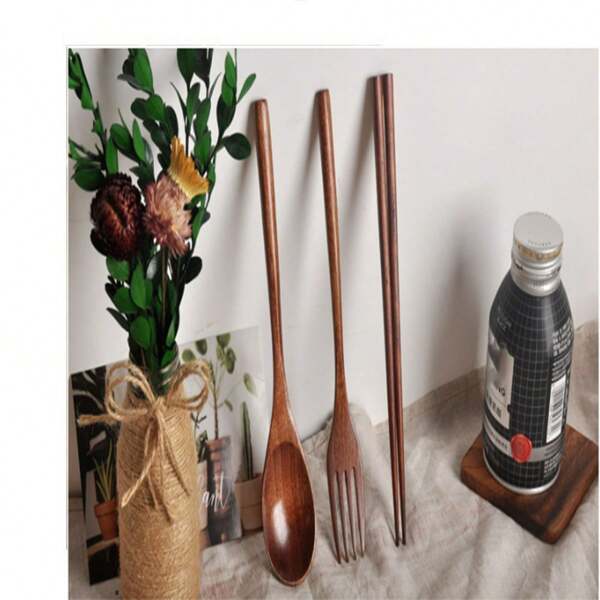 Japanese-Style Winding Wooden Spoons, Forks, Chopsticks, Three Pieces Set, Long-Handled Solid Wood, Adult Portable Spoons, Forks, Cloth Bags, Tableware,School Supplies
