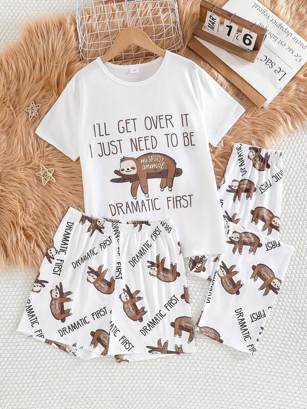 3pcs Set Girls/Teens Knitted Fabric Short Sleeve Top, Shorts, Long Pants Set, Sloth Animal Print