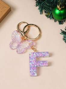 1 Creative Keychain With Alphabet Stone Drops Glue Resin Accessories Butterfly Fringe Alphabet Pendant Keychain Girl