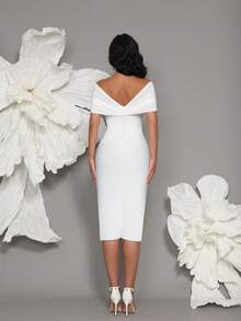 Off-Shoulder Knitted Bandage Dress, Elegant Luxury European Style, Sexy Bodycon Slit Hem Evening Gown - White - View 8