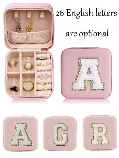 1 pieza Caja de joyería de viaje con diseño de letra, organizador portátil para aretes, collares, anillos y cosméticos, adecuado para el hogar y viajes, excelente regalo para cumpleaños y Día de San Valentín