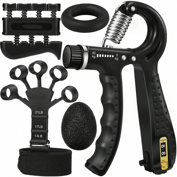 Grip Strength Trainer (5pcs) - Adjustable Forearm Strengthener, Finger Exerciser, Finger Stretcher, Forearm Workout Ring And Hand Exercise Ball - Grip Strengthener And Extensor Trainer For Any Sizes Hand & Finger
