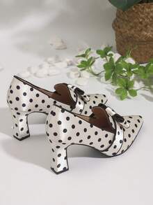 Women's Pointed Toe High Heeled Single Shoes, Satin Polka Dot Chunky Heeled Shoes, Slip-On Bow Decoration, Suitable For Outdoor And Office - trắng - Xem 9