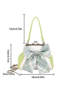 Cute & Fashionable Kids Hand Carry Bag, Shoulder Strap Crossbody Bag, Solid Color Faux Leather Zipper Bag With Large Plaid Bow Decoration, Mini Small Purse - Green - View 2