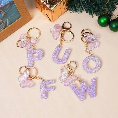 1 Kreativ Nyckelring Med Alfabet Sten Droppar Lim Harts Tillbehör Butterfly Fringe Alphabet Pendant Nyckelring Girl