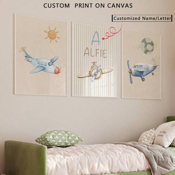 Pôsteres em tela personalizados - Personalize impressões vintage de aviões para berçário, presente personalizado para meninos, arte de parede neutra para berçário, conjunto de 3 impressões, decoração para sala de jogos, decoração externa para quarto de meninos, nome personalizado, arte de parede moderna, arte de parede em tela personalizada