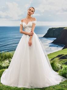 Elasola Đầm dạ hội mùa hè màu trắng ren hoa, đầm cưới dáng chữ A cỡ lớn kiểu cổ tích dành cho cô dâu thanh lịch - trắng - Xem 5