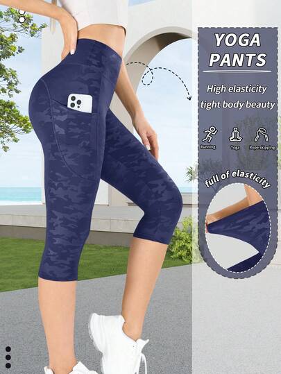 1 pieza Mallas de cintura alta con estampado digital de camuflaje para mujer, pantalones cortos ajustados con bolsillos para levantamiento de cintura, éxito de para fitness y casual, para correr y ciclismo