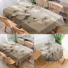 1pc Horse Pattern Printed Tablecloth, Modern Polyester Rectangular/Round Waterproof Tablecloth, Digital Printing Suitable For Living Room, Outdoor Dining Table, Small Round Table