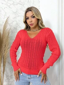 Knitwear From The Line Blouse Long Sleeve V-Neck Basic Braid - Coral Orange - View 1