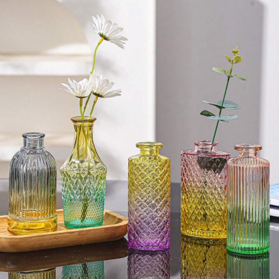 1pc Creative Vintage Glass Vase, Transparent Glass Vase, Hydroponics Small Flower Vase, Home Floral Decor, Assorted Colors - Multicolor - View 1