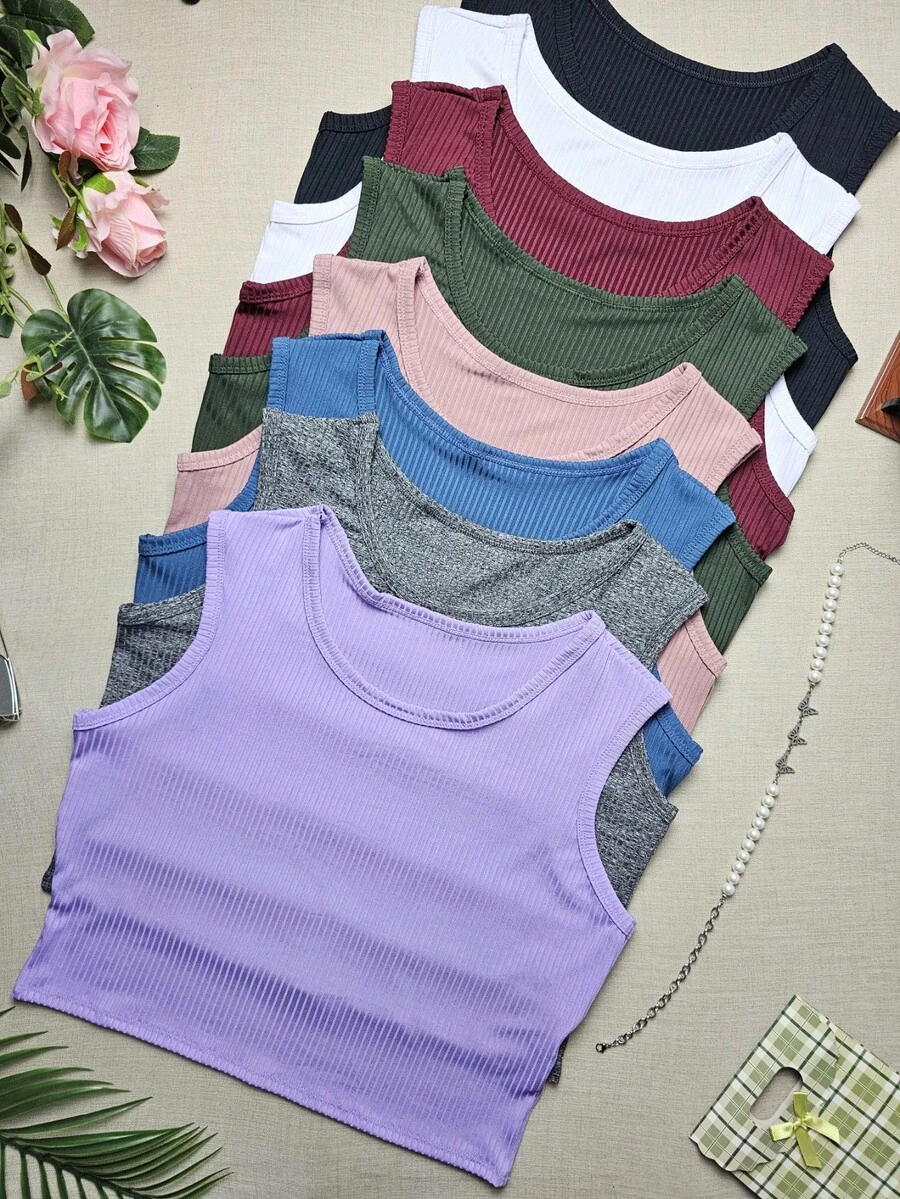 KIT8 Plus Size G1 Cropped Simple Casual Tank Top Fits 48/50 - Kit8 Black White Army Green Wine Red Gray Blue Pink Light Purple - View 1
