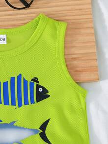 2pcs/Set Baby Boy Cute Shark Graphic Vest With Allover Print Shorts, Summer Daily Breathable Sportswear Set - màu xanh lá - Xem 4