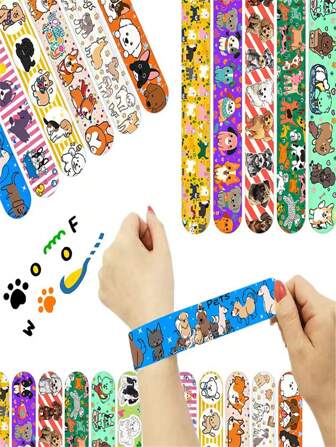 Set de 12/24/30 piezas Brazalete circular con tema de cachorritos, brazalete lindo de cachorritos, adecuado para cumpleaños, fiestas con tema de mascotas, recompensas en el aula y rellenos de bolsas de regalo