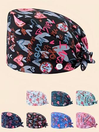 1pc Women's Polyester Nurse Cap With "Love" Letter Print Pattern, White Button On Side, Sweatband Inside, Practical And Fashionable, Suitable For Beauty Salons, Dental Clinics, Veterinary Hospitals, And Household Cleaners